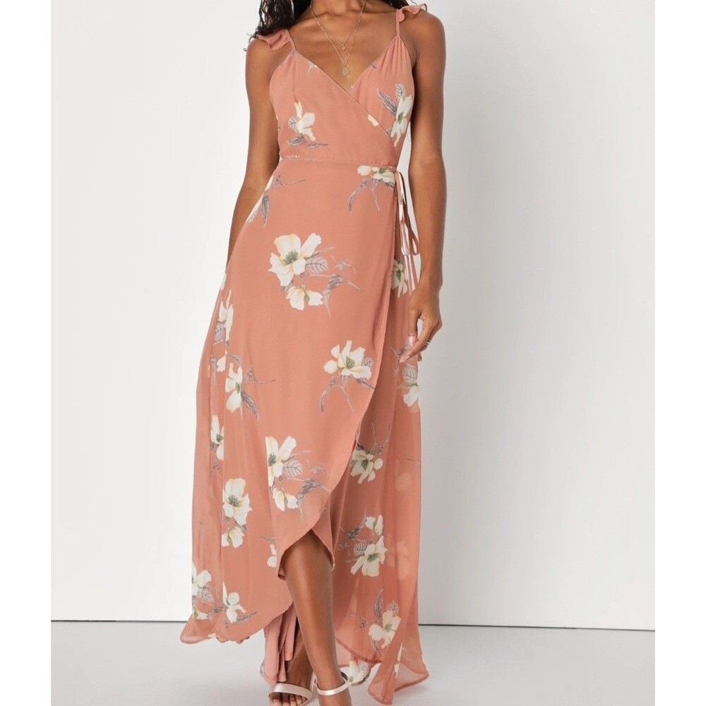 Lulus All Mine Rusty Rose Floral Print High-Low Wrap Maxi Dress Size Medium